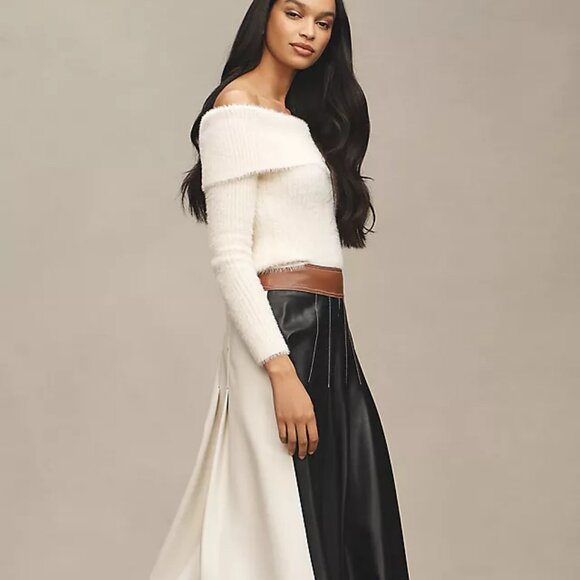 Anthropologie Faux-Leather Colorblock Pleated Maxi Skirt
